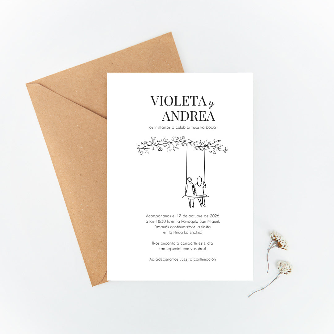 Invitación de boda Susurros con pareja en columpio bajo rama