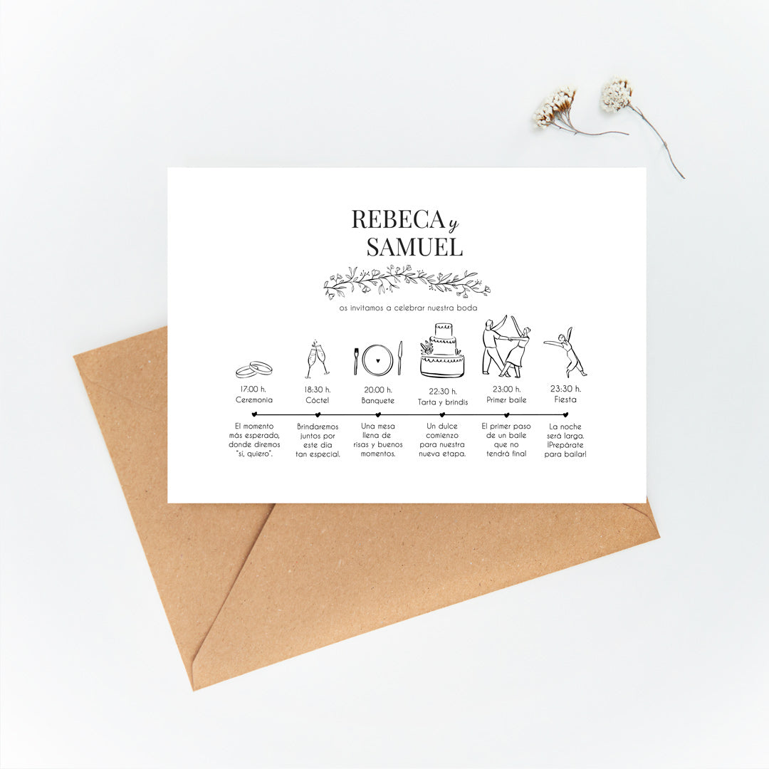 Esquema del horario del gran día de la colección para boda susurros.