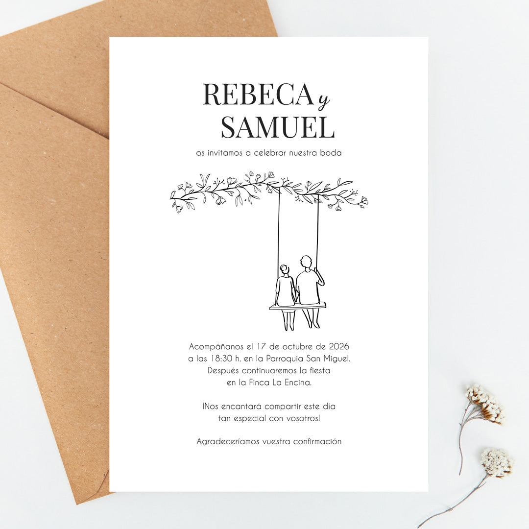 Invitación de boda Susurros con pareja en columpio bajo rama