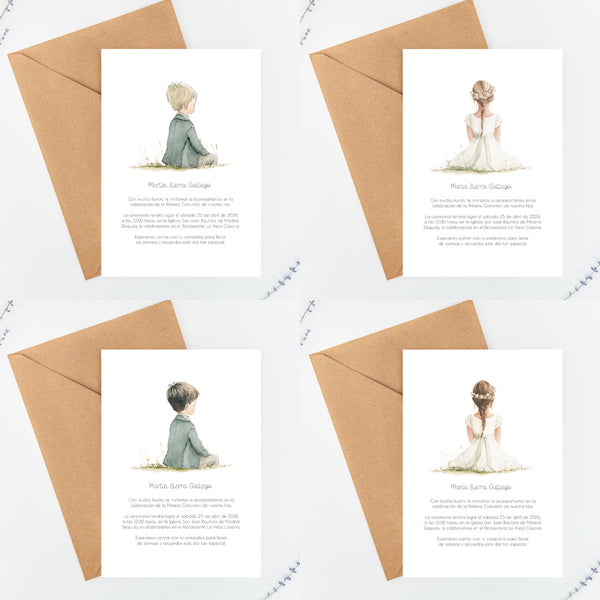 Opciones de diseño para la invitación de comunión colección boho. 