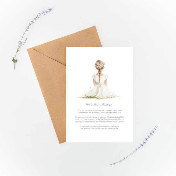 Invitación de comunión con niña rubia de la colección boho. 