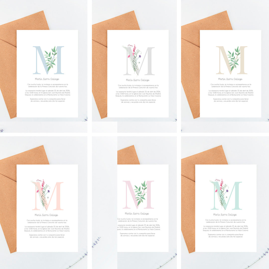 Opciones de diseño para la invitación de comunión de la colección inicial. 