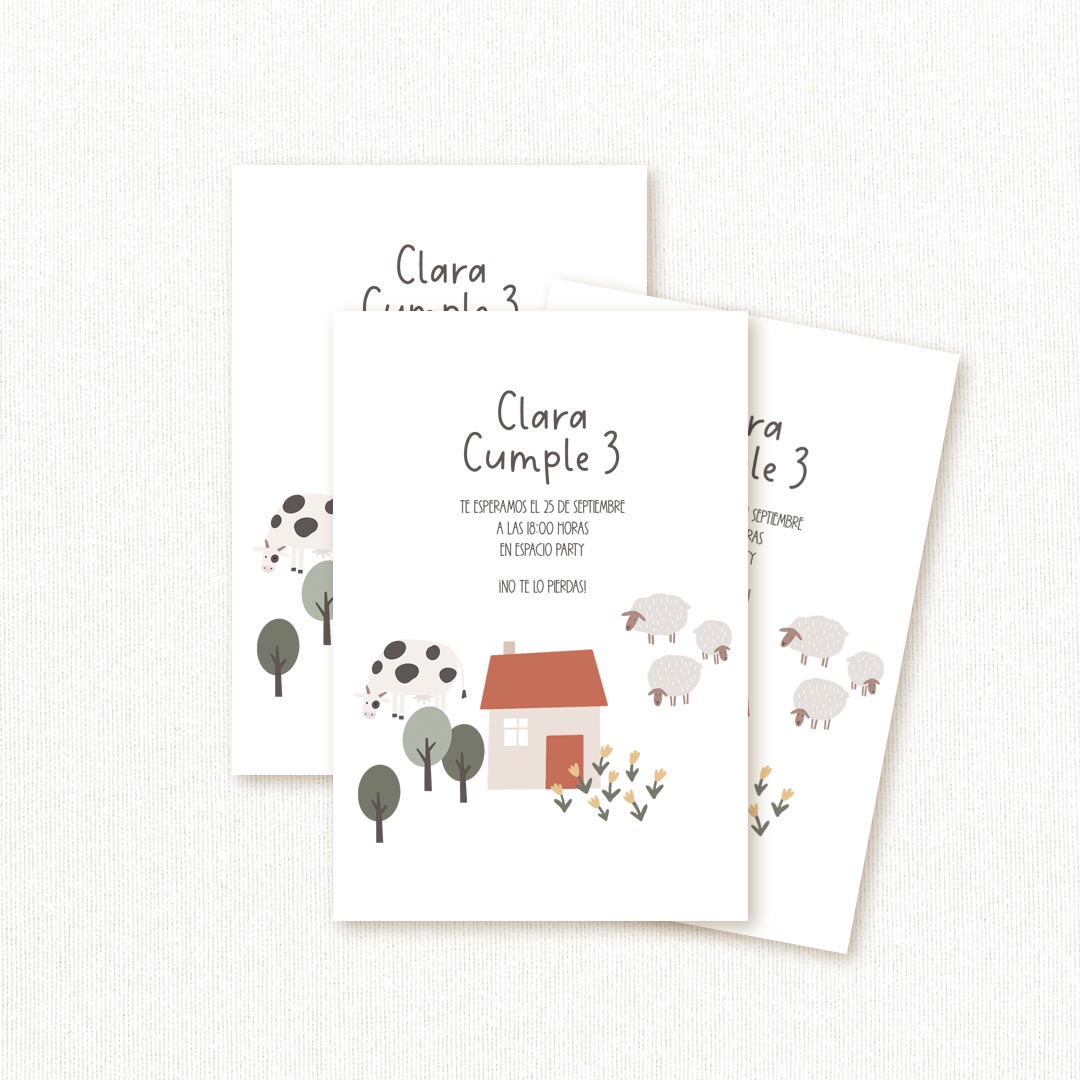 Invitación de cumpleaños personalizada temática granja con vaca, ovejas y casita de campo, nombre y edad del niño