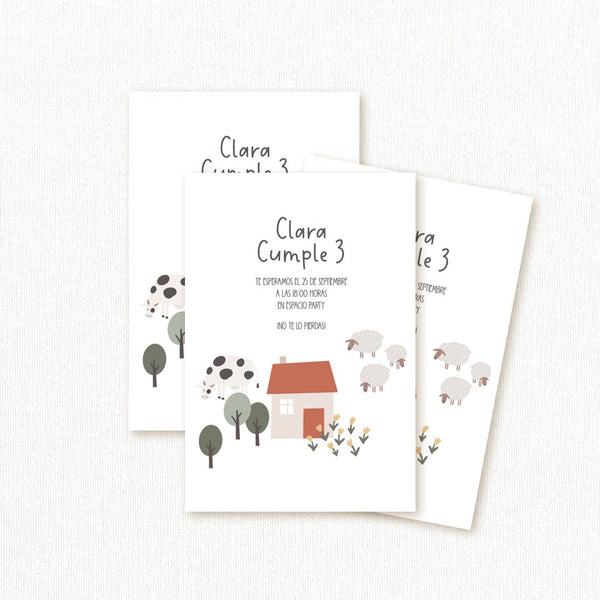 Invitación de cumpleaños personalizada temática granja con vaca, ovejas y casita de campo, nombre y edad del niño