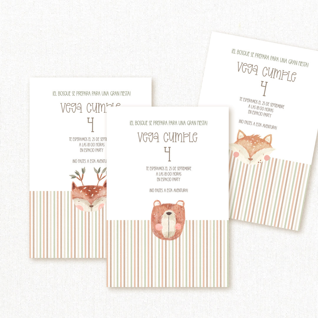Invitación de cumpleaños personalizada temática animales del bosque con oso, zorro y ciervo en acuarela, nombre y edad del niño