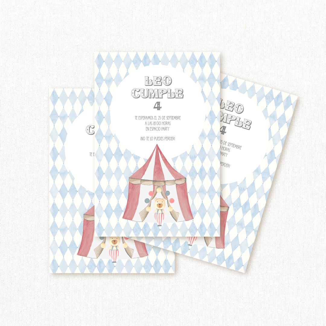 Invitación de cumpleaños personalizada temática circo con carpa roja y estampado de rombos azules, nombre y edad del niño