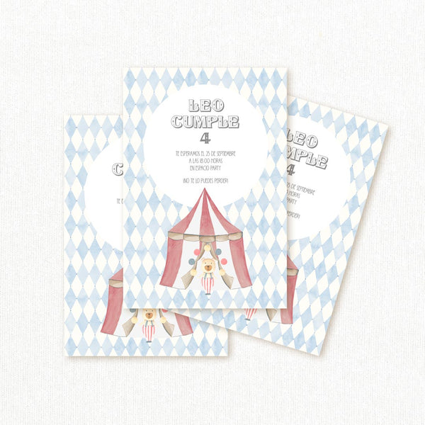 Invitación de cumpleaños personalizada temática circo con carpa roja y estampado de rombos azules, nombre y edad del niño