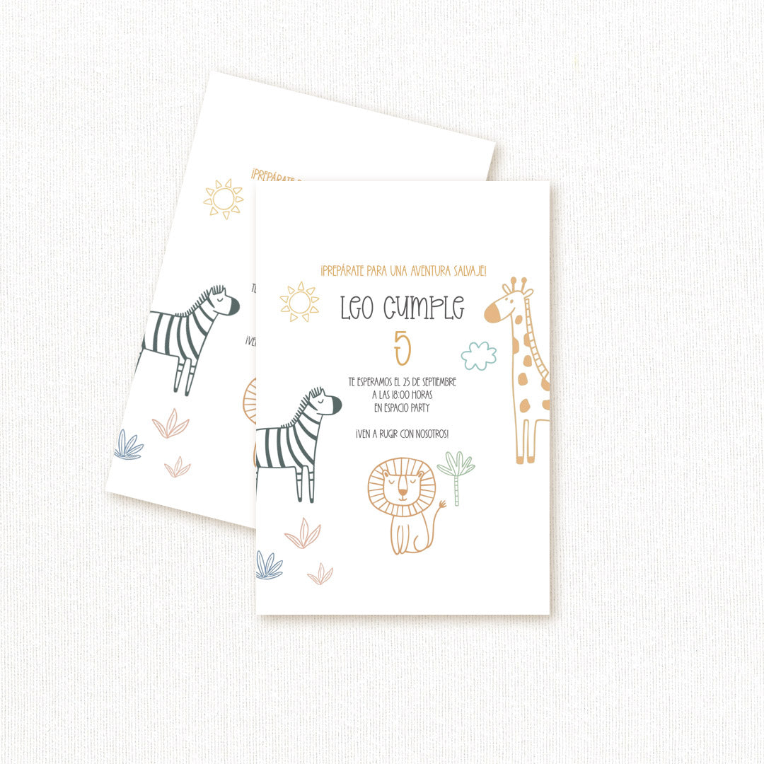 Invitación de cumpleaños personalizada temática safari con león, jirafa y cebra ilustrados, nombre y edad del niño