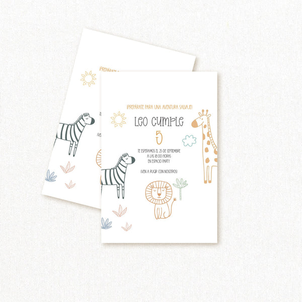 Invitación de cumpleaños personalizada temática safari con león, jirafa y cebra ilustrados, nombre y edad del niño