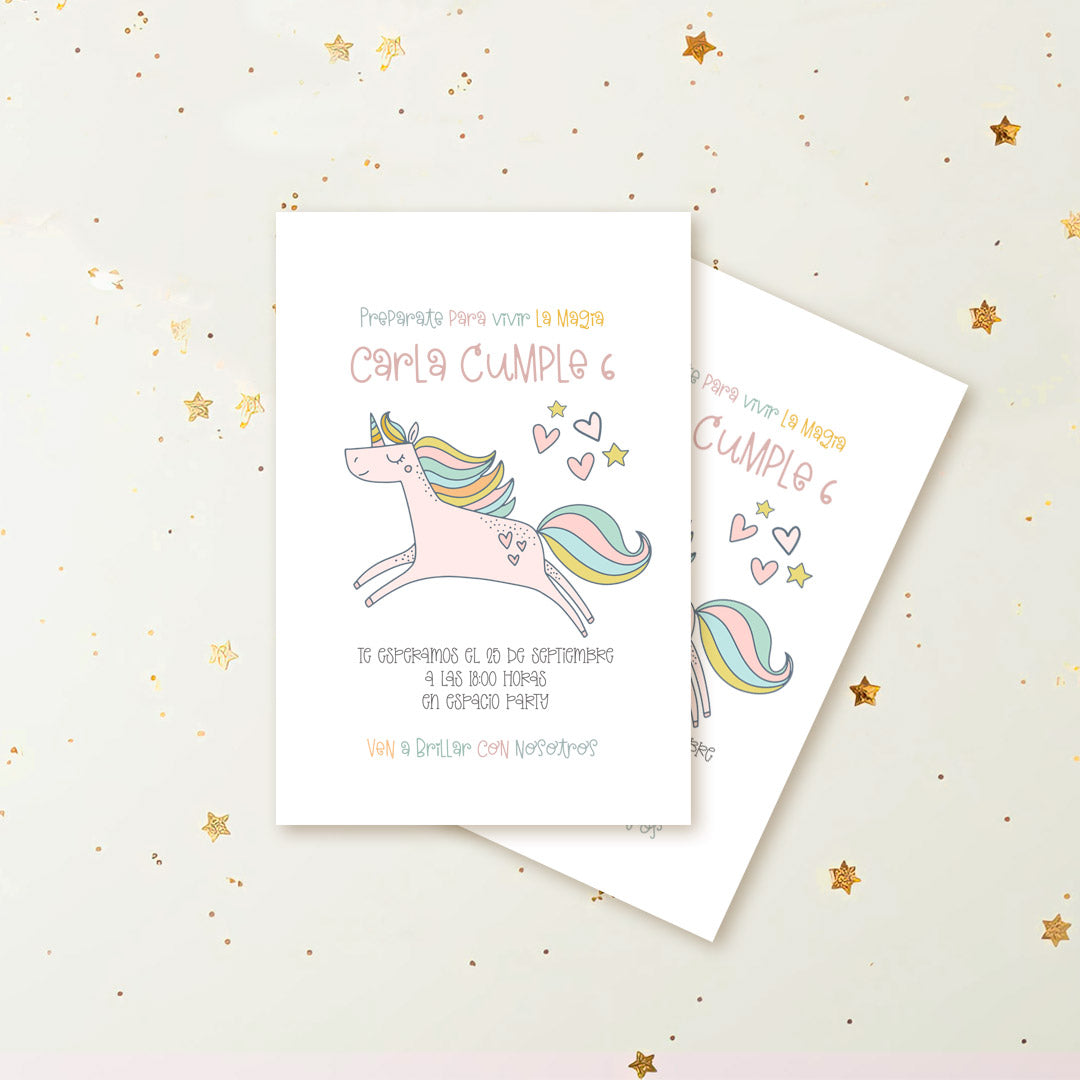 Invitación de cumpleaños personalizada temática unicornio en tonos pastel con arcoíris y corazones, nombre y edad de la niña