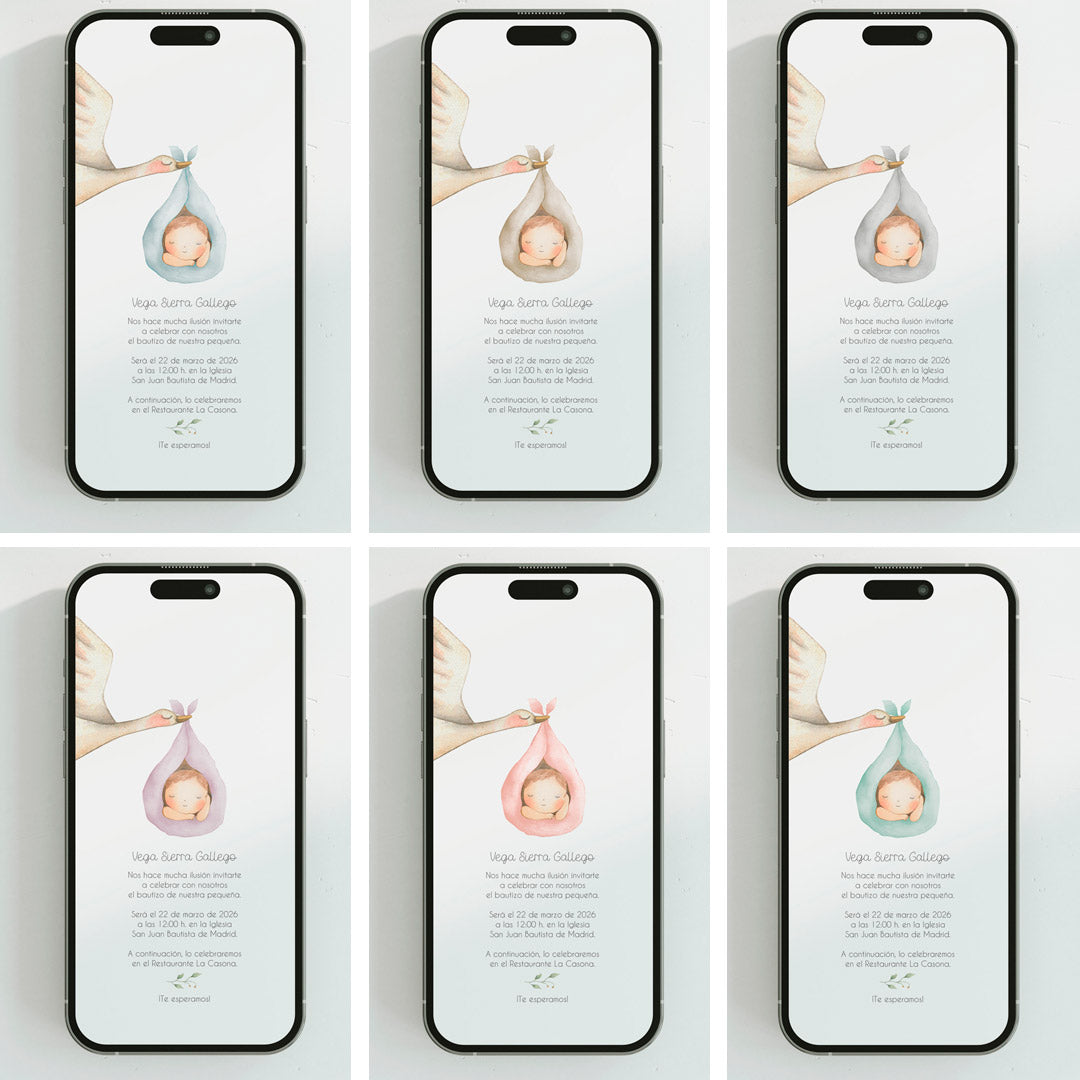 Opciones de diseño para la invitación digital de bautizo de la colección cigüeña. 