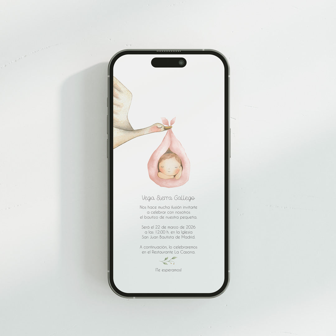 invitación digital de bautizo con diseño de cigueña