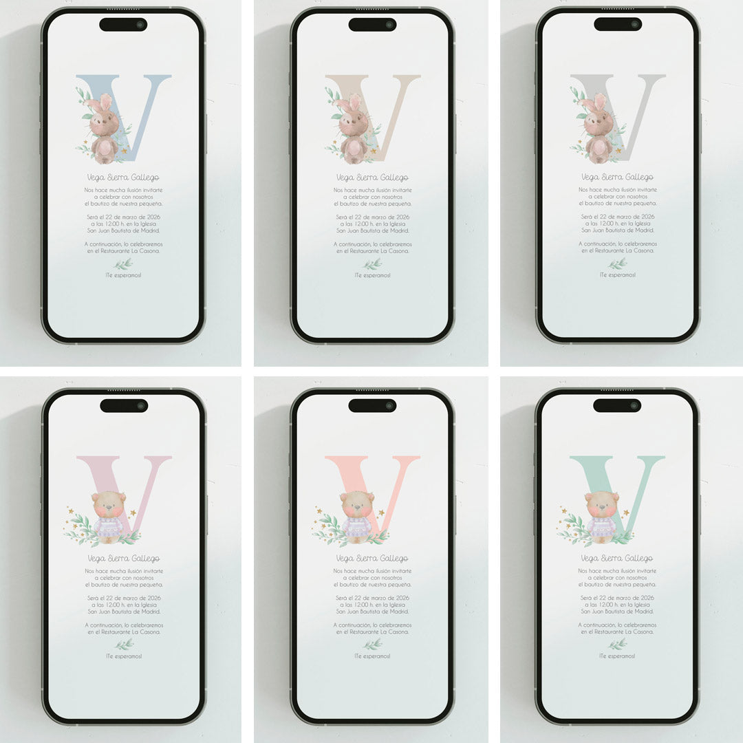 Opciones de diseño para la invitación digital de bautizo de la colección inicial. 