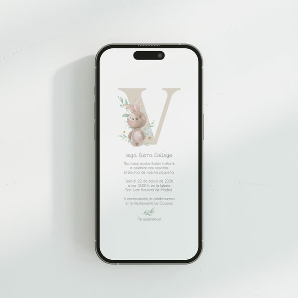 invitación digital de bautizo con diseño de inicial