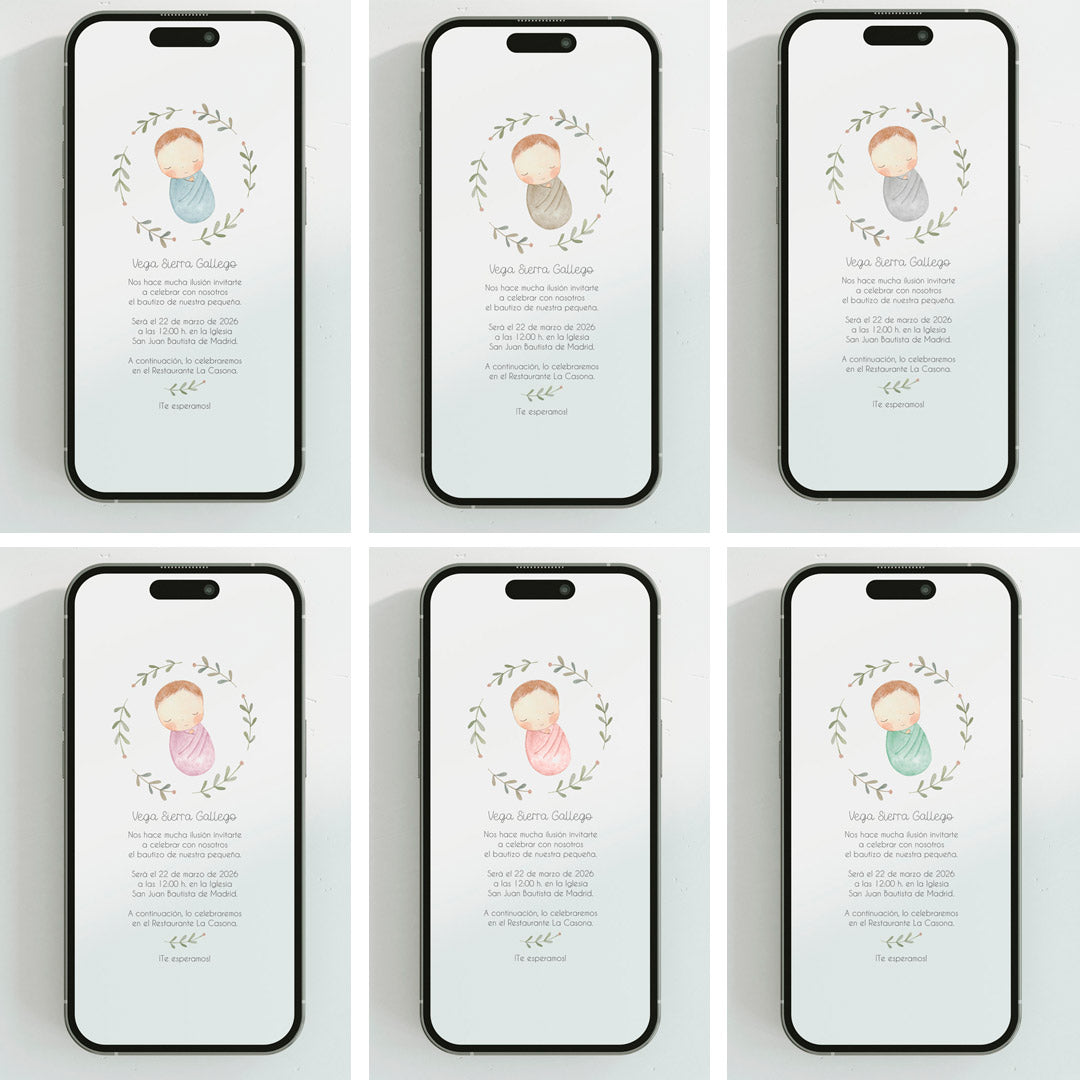 Opciones de diseño para la invitación digital de bautizo de la colección rosquito bebé. 