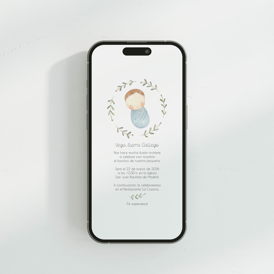 invitación digital de bautizo con diseño de rosquito bebé