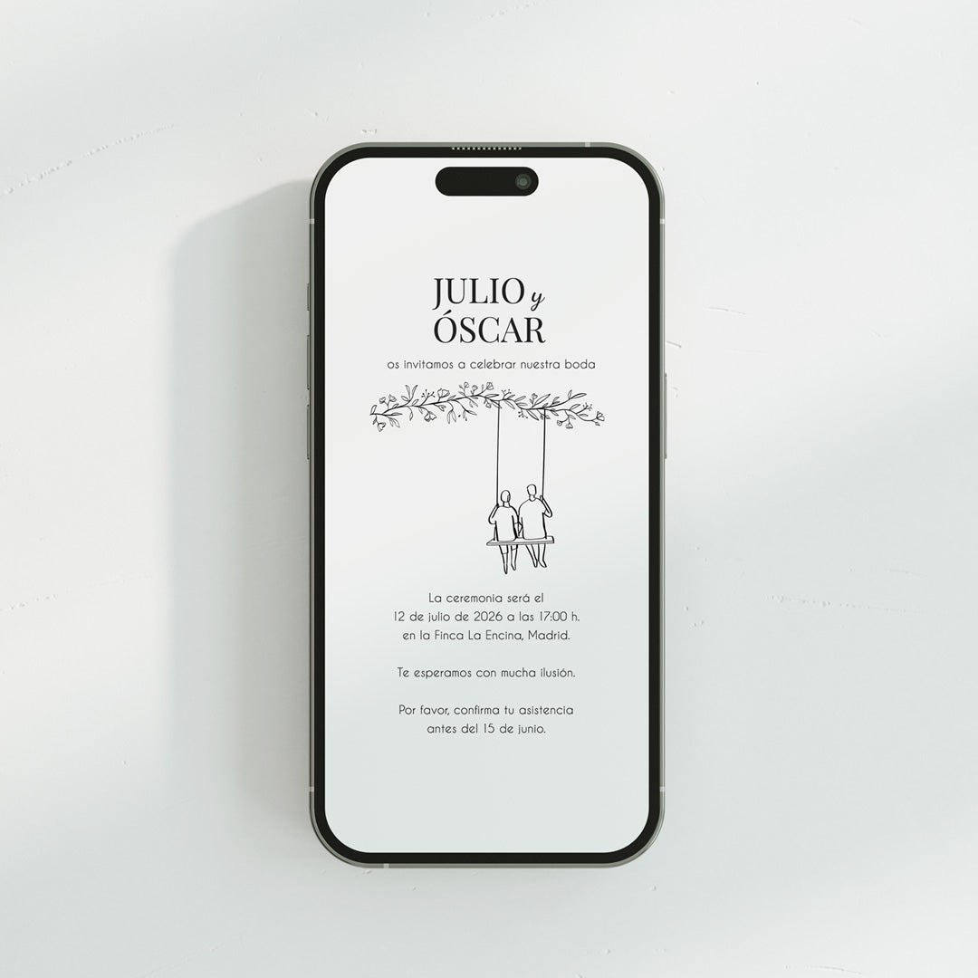 Invitación digital Boda de la Colección Susurros con silueta (el & el) en columpio bajo rama.