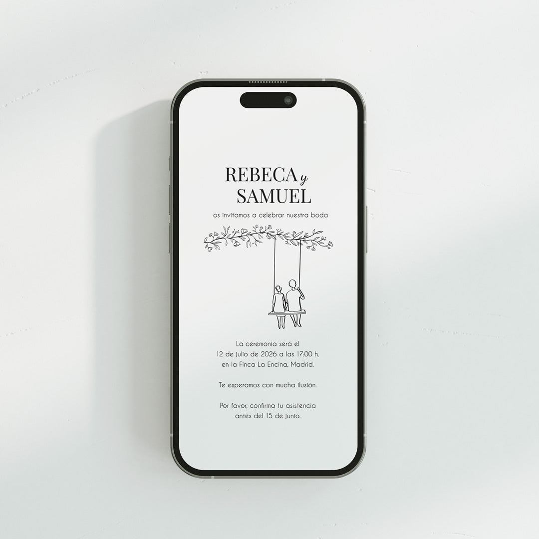 Invitación digital Boda de la Colección Susurros con silueta (ella & el) en columpio bajo rama.