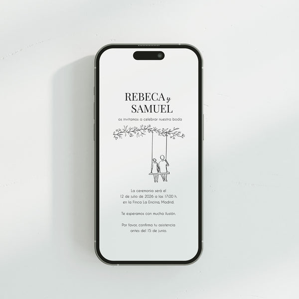 Invitación digital Boda de la Colección Susurros con silueta (ella & el) en columpio bajo rama.