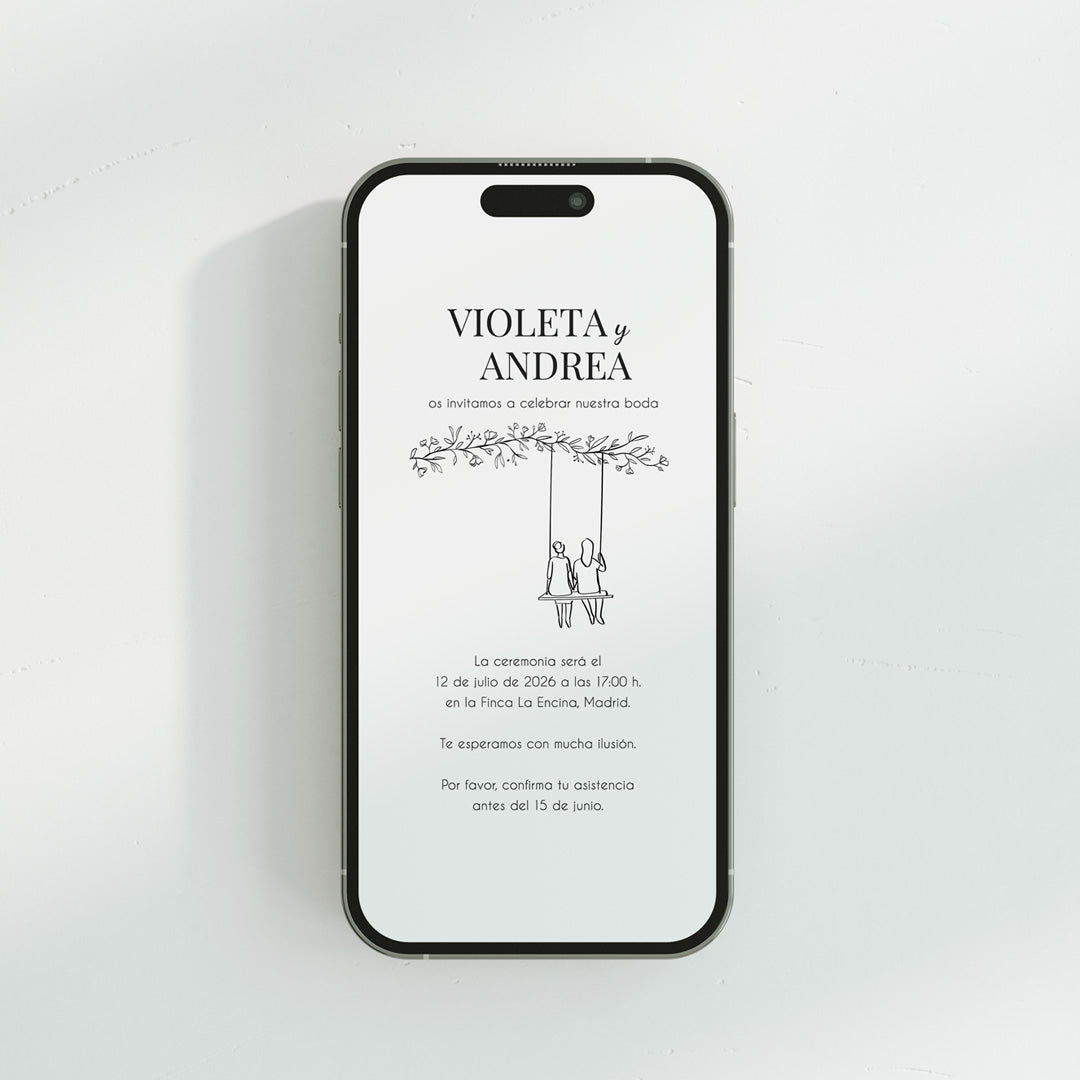 Invitación digital Boda de la Colección Susurros con silueta (ella & ella) en columpio bajo rama.