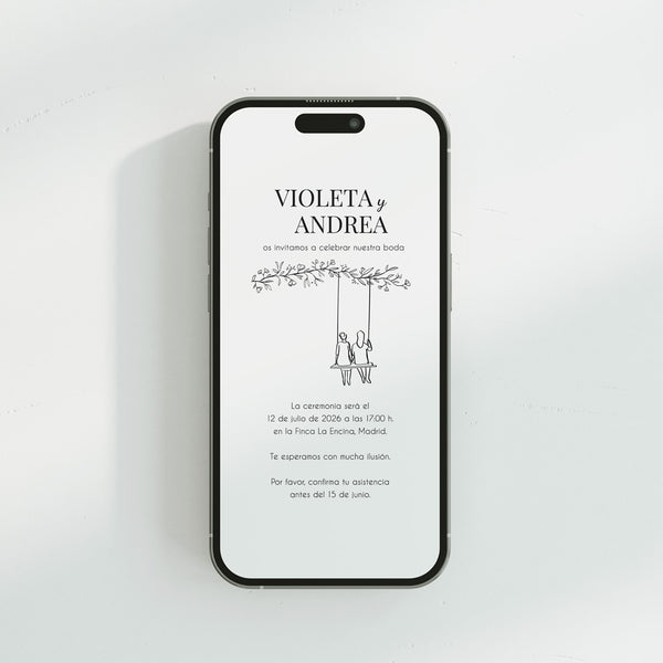 Invitación digital Boda de la Colección Susurros con silueta (ella & ella) en columpio bajo rama.