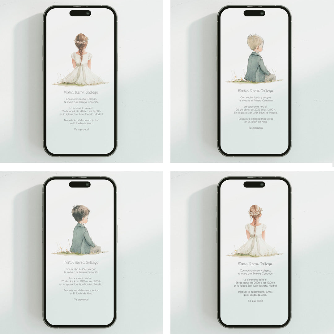 Opciones de diseño para la invitación digital de comunión de la colección boho. 