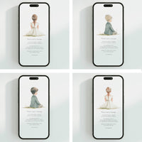 Opciones de diseño para la invitación digital de comunión de la colección boho. 