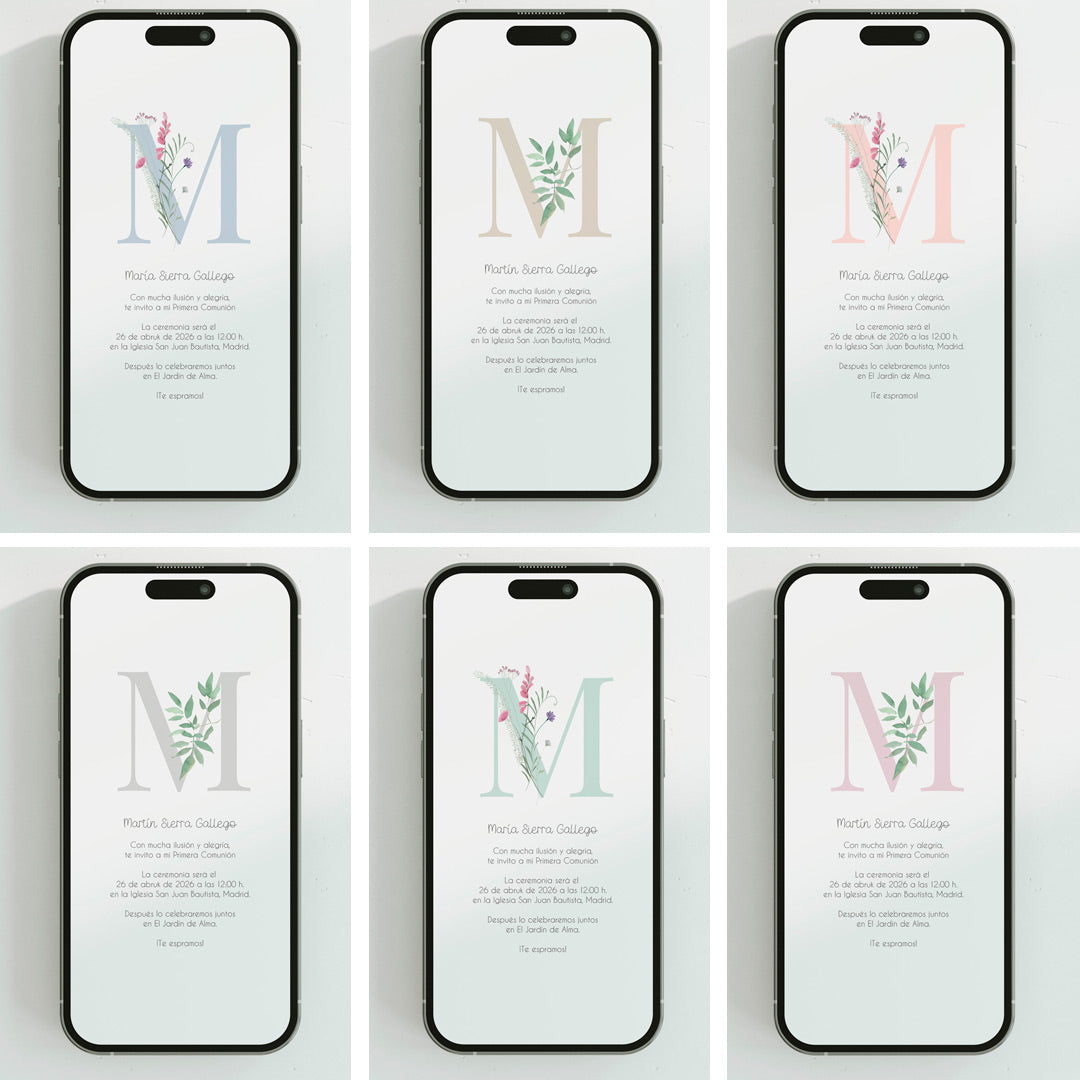 Opciones de diseño para la invitación digital de comunión de la colección inicial. 