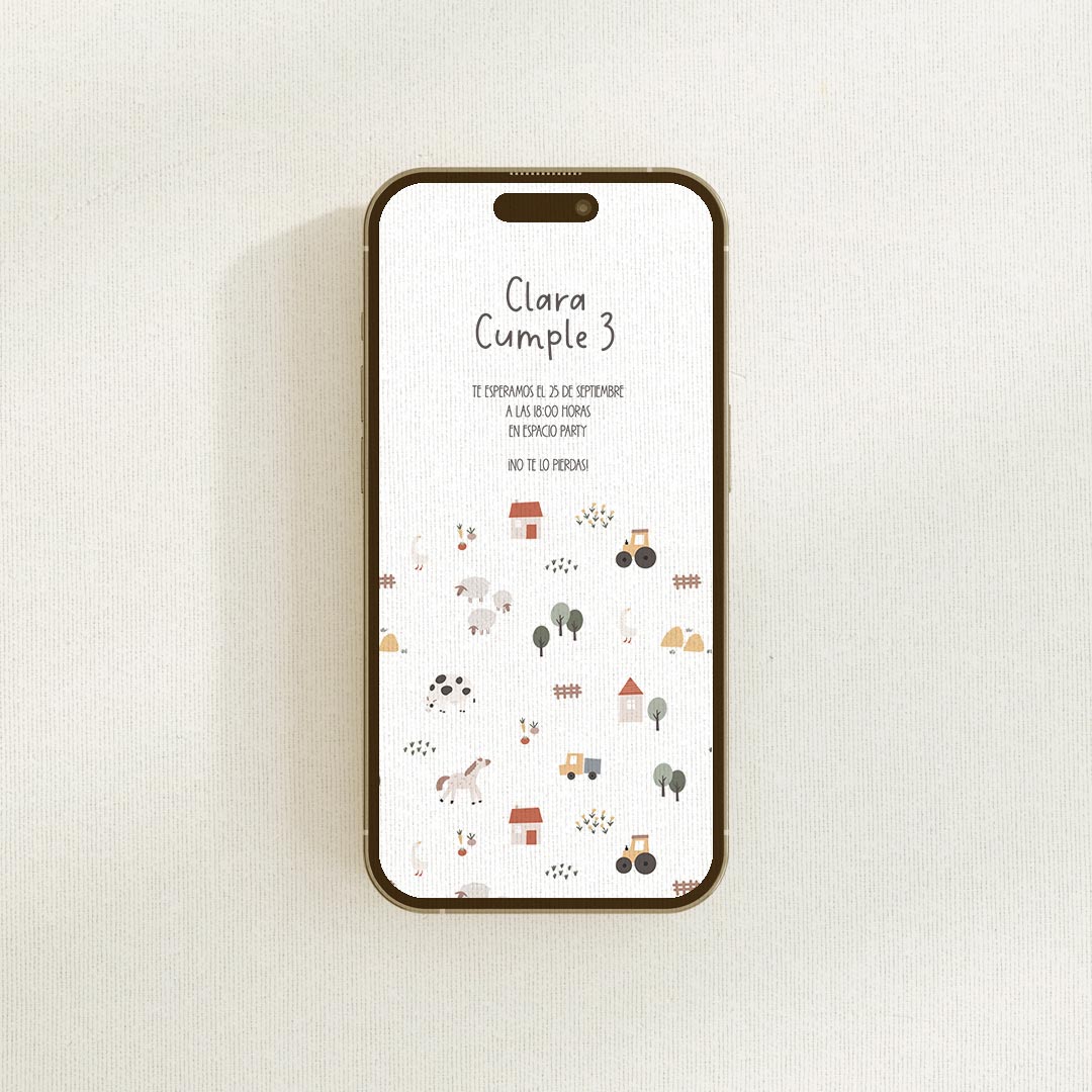 Invitación digital de cumpleaños granja personalizada en formato PDF/JPG con vaca, ovejas y casita de campo
