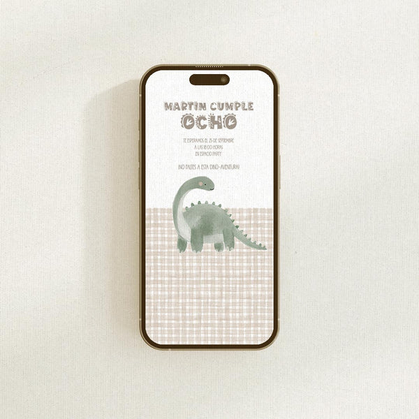 Invitación digital de cumpleaños dinosaurio personalizada en formato PDF/JPG con estampado vichy beige