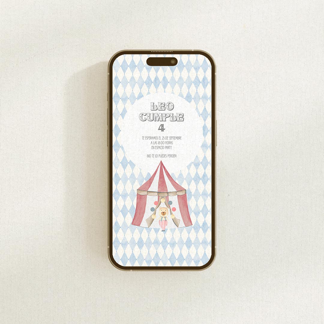 Invitación digital de cumpleaños circo personalizada en formato PDF/JPG con carpa roja y estampado de rombos azules
