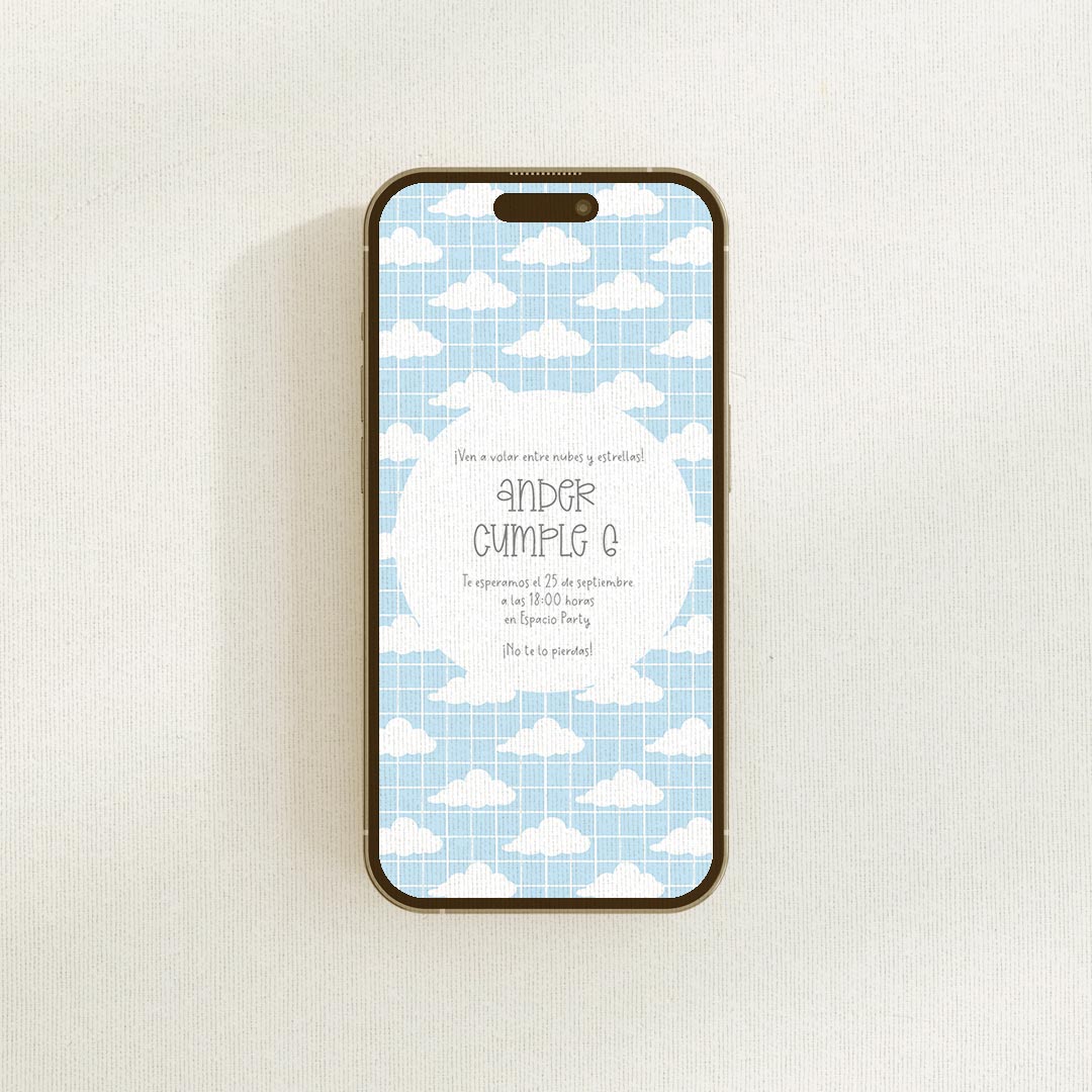 Invitación digital de cumpleaños nubes personalizada en formato PDF/JPG con fondo de cuadrícula azul y nubes blancas