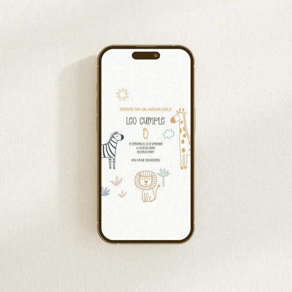 Invitación digital de cumpleaños safari personalizada en formato PDF/JPG con león, jirafa y cebra