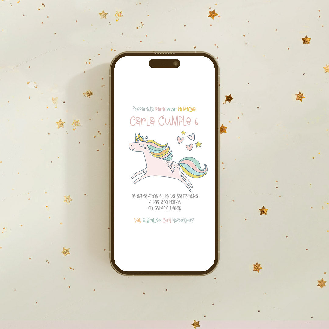 Invitación digital de cumpleaños unicornio personalizada en formato PDF/JPG con arcoíris y corazones en tonos pastel