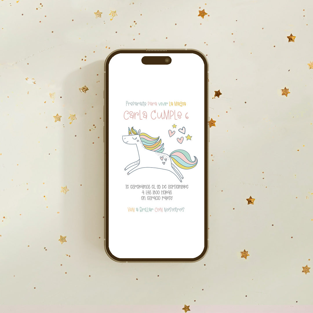 Invitación digital de cumpleaños unicornio personalizada en formato PDF/JPG con arcoíris y corazones en tonos pastel