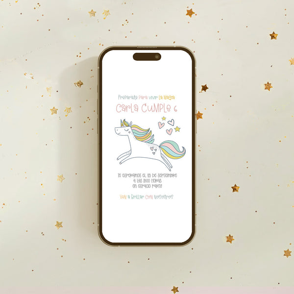 Invitación digital de cumpleaños unicornio personalizada en formato PDF/JPG con arcoíris y corazones en tonos pastel