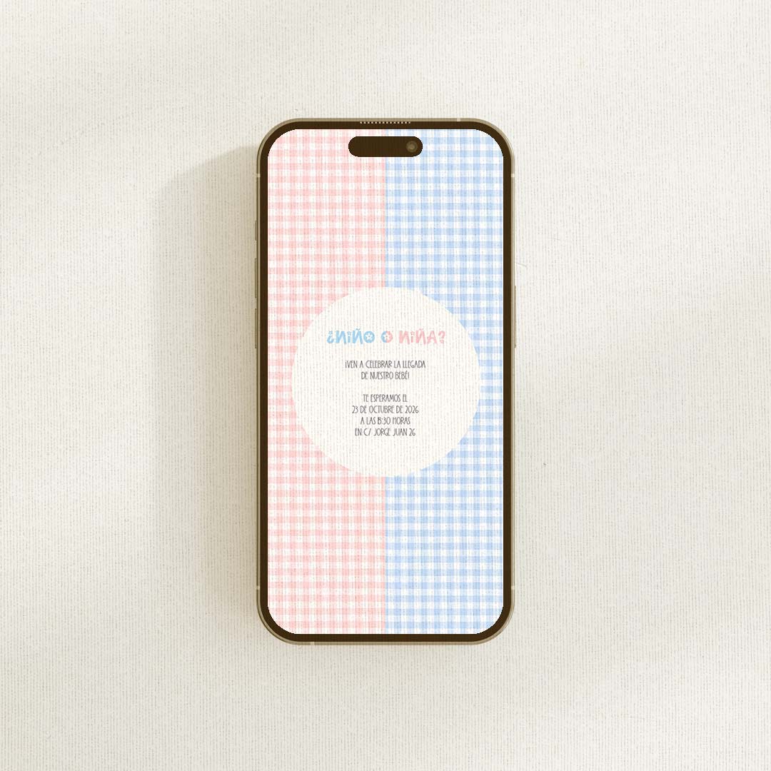 Invitación digital de revelación de género personalizada en formato PDF/JPG con estampado vichy rosa y azul