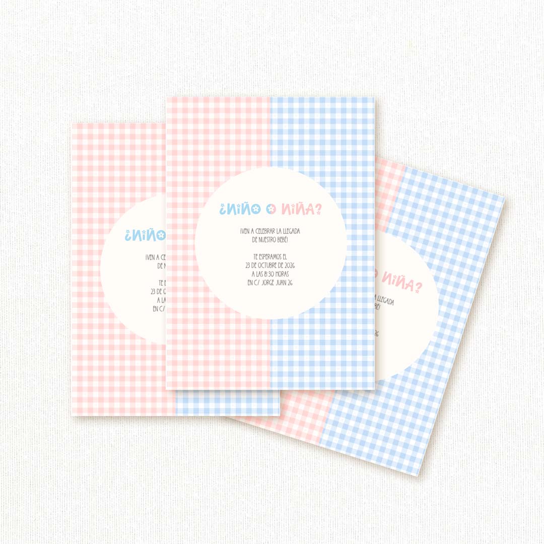 Invitación de revelación de género personalizada con estampado vichy partido en rosa y azul y el texto "¿Niño o niña?"