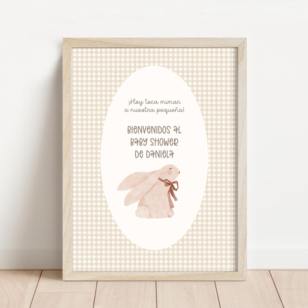 Lámina de bienvenida personalizada para baby shower de 30x40 cm con conejito y estampado vichy beige