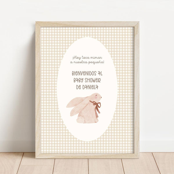 Lámina de bienvenida personalizada para baby shower de 30x40 cm con conejito y estampado vichy beige