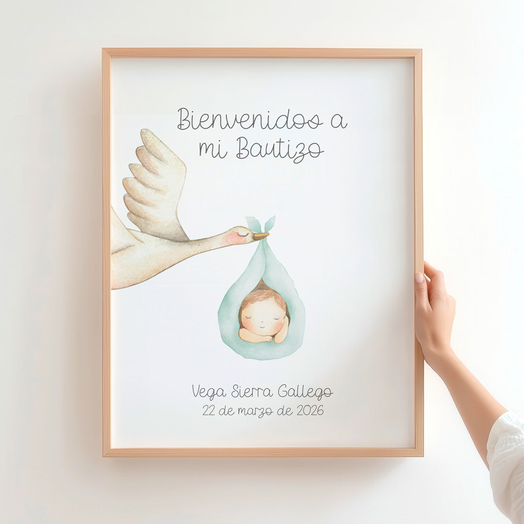 lamina de bienvenida para bautizo de la colección ciguena.