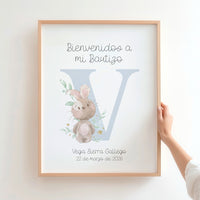 lamina de bienvenida para bautizo de la colección inicial conejito.