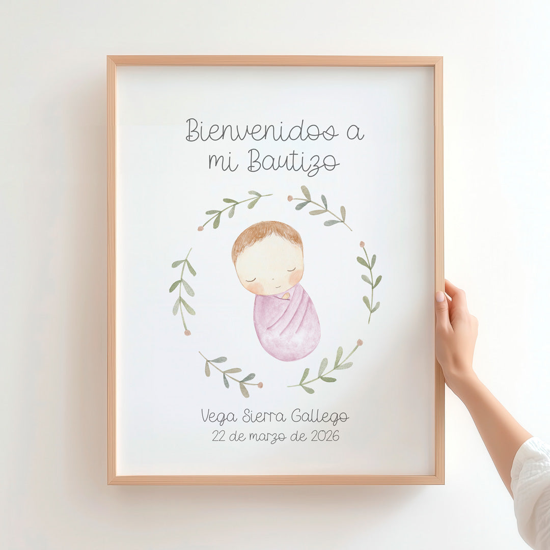 lamina de bienvenida para bautizo de la colección rosquito bebé.