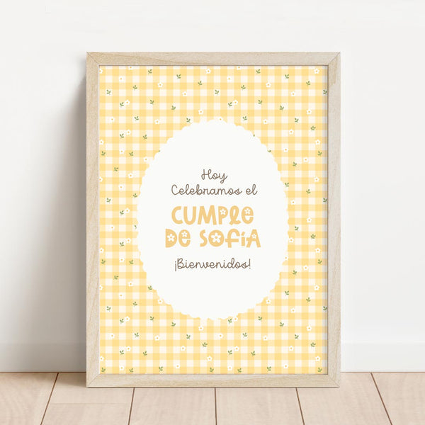 Lámina de bienvenida personalizada temática primavera de 30x40 cm con estampado vichy amarillo y margaritas para decorar cumpleaños infantil