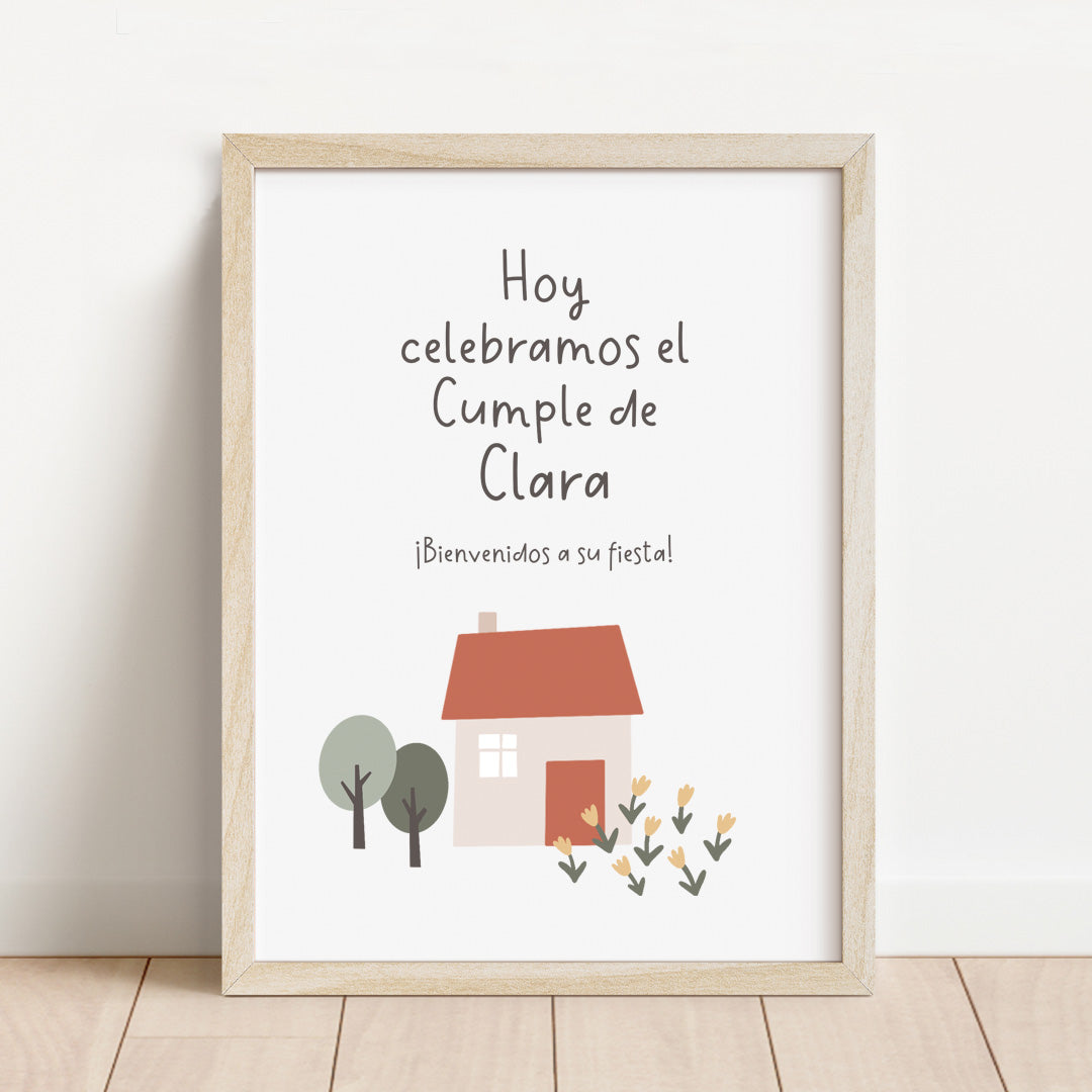 Lámina de bienvenida personalizada temática granja de 30x40 cm con vaca, ovejas y casita de campo