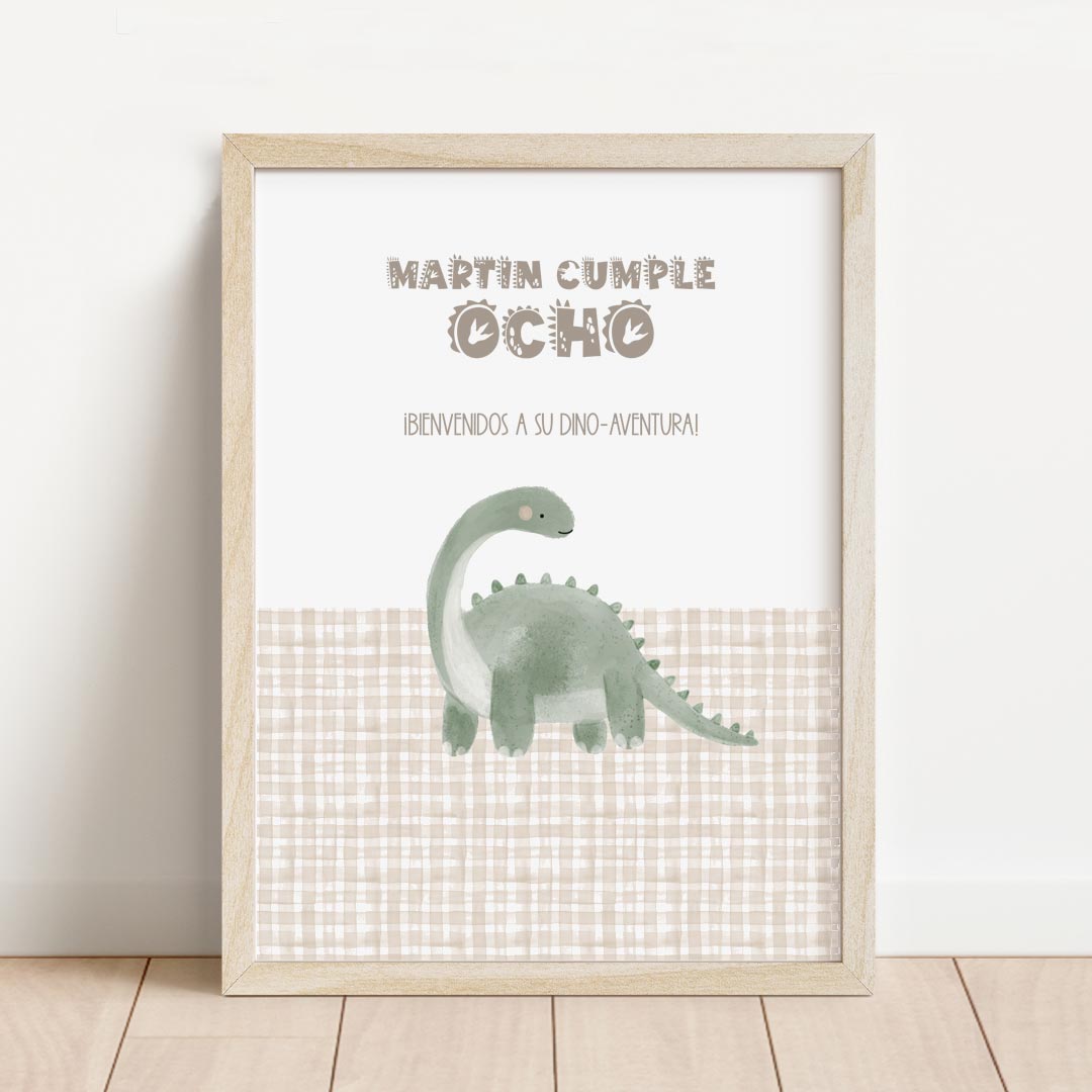 Lámina de bienvenida personalizada temática dinosaurio de 30x40 cm con estampado vichy beige para decorar cumpleaños infantil