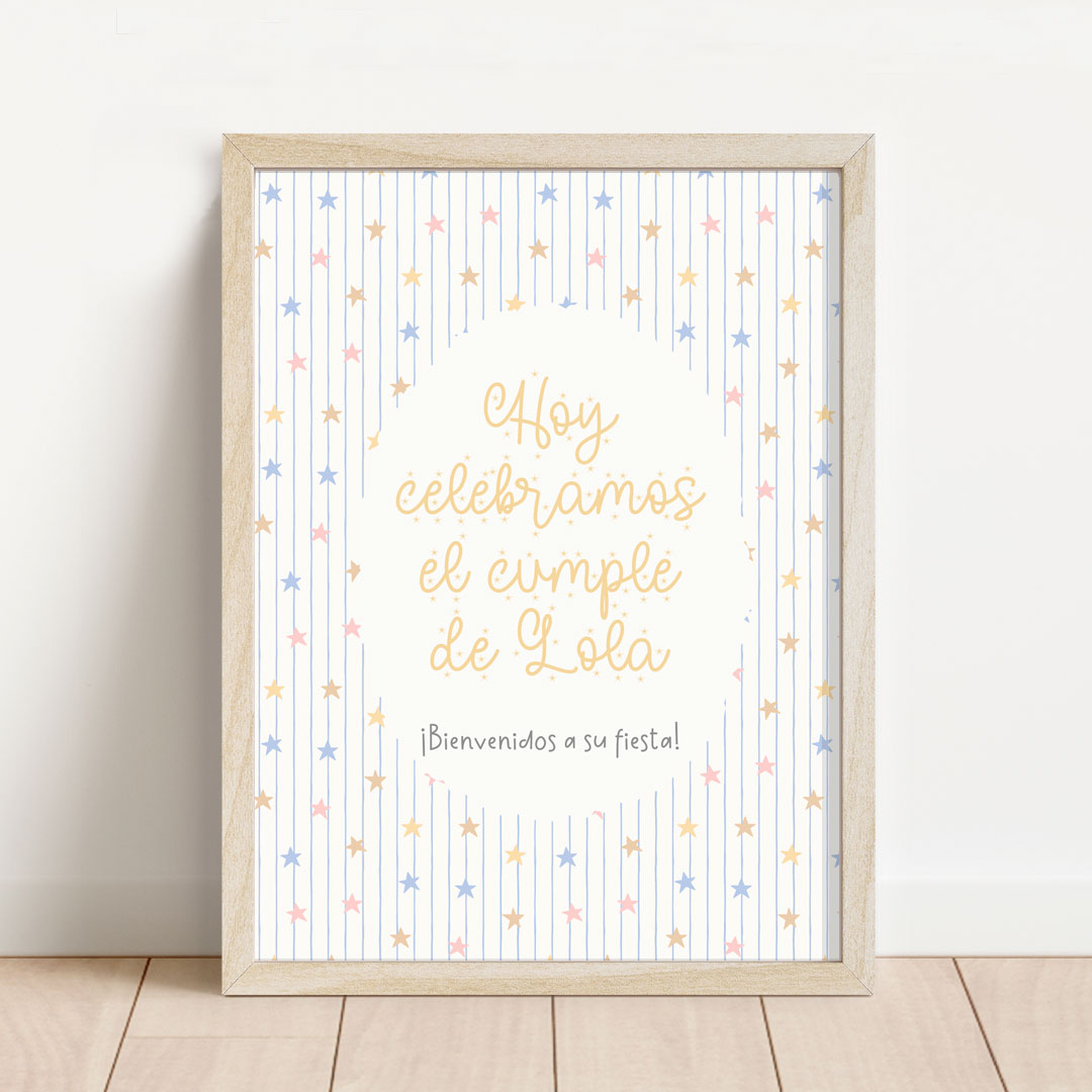 Lámina de bienvenida personalizada temática nubes y estrellas de 30x40 cm con estrellitas pastel para decorar cumpleaños infantil