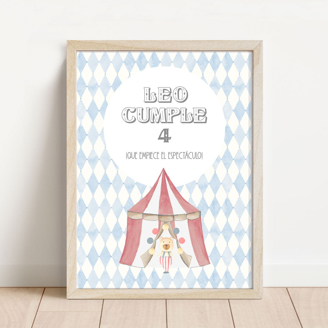 Lámina de bienvenida personalizada temática circo, 30x40 cm, papel ecológico FSC. Con o sin marco. Decora la fiesta de tu peque.