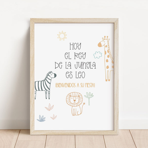 Lámina de bienvenida personalizada temática safari de 30x40 cm con león, jirafa y cebra para decorar cumpleaños infantil