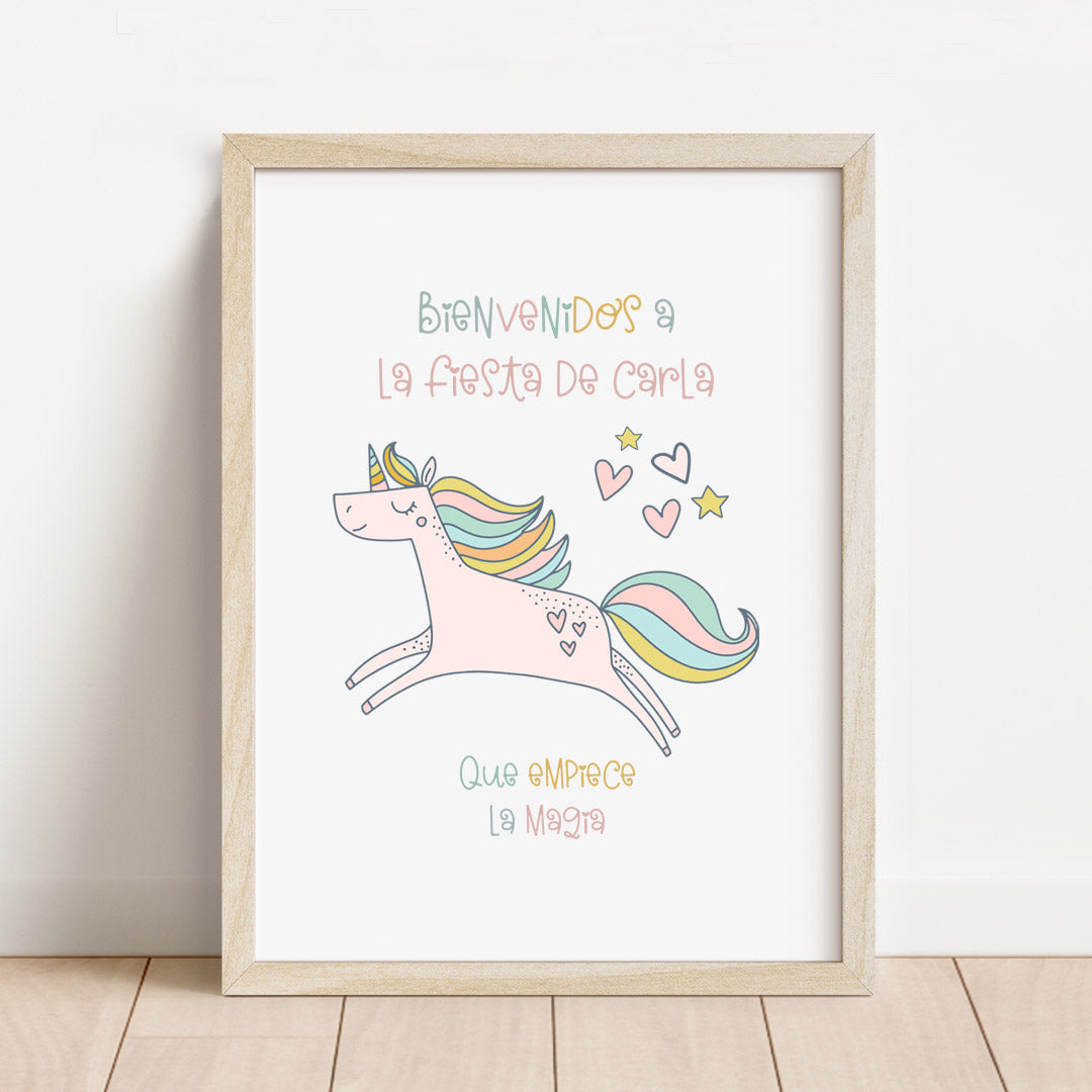 Lámina de bienvenida personalizada temática unicornio de 30x40 cm con arcoíris en tonos pastel para decorar cumpleaños infantil